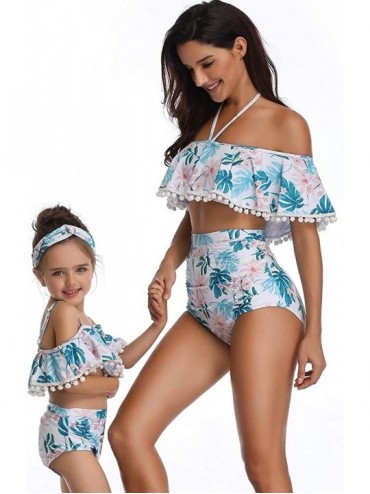 Sets Mommy and Me Matching Family Swimsuit Women Retro Flounce High Waisted Bikini Set Baby Girls Halter Neck Swimwear - Blue...