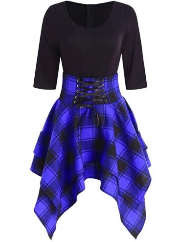 Tankinis Fashion Women Casual O-Neck Waist Bandage Lace Up Tartan Plaid Print Asymmetric Mini Dress - Blue - C918R3C5HXR $27.51