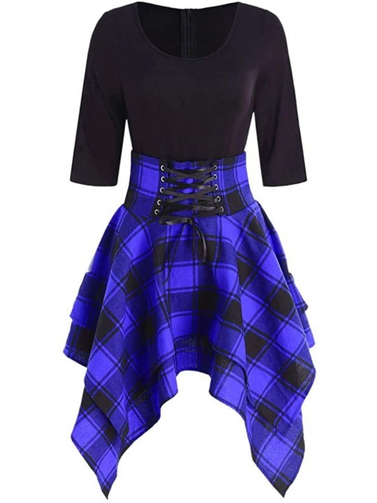 Tankinis Fashion Women Casual O-Neck Waist Bandage Lace Up Tartan Plaid Print Asymmetric Mini Dress - Blue - C918R3C5HXR $15.83