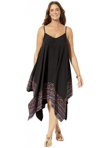 Cover-Ups Women's Plus Size Diane Handkerchief Cover Up Dress - Black Multi Border - CO18A80723L $65.82