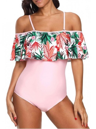 One-Pieces Women's Stylish Ruffle Off-The-Shoulder One-Piece Swimsuit Hollow Out Bikini - B - Pink - CC18LAZ93DO $43.28