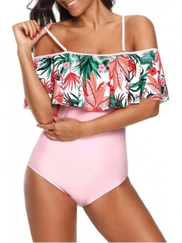 One-Pieces Women's Stylish Ruffle Off-The-Shoulder One-Piece Swimsuit Hollow Out Bikini - B - Pink - CC18LAZ93DO $21.93