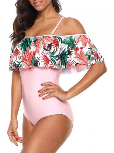 One-Pieces Women's Stylish Ruffle Off-The-Shoulder One-Piece Swimsuit Hollow Out Bikini - B - Pink - CC18LAZ93DO $21.93