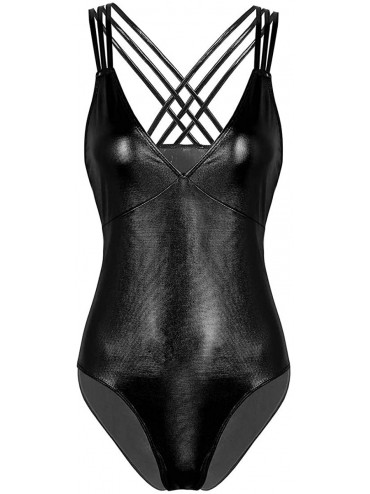 One-Pieces Women's One Piece Shiny Metallic Multi-Straps Crossback Monokini Swimwear - Black - CC18T6YYQ6S $39.66