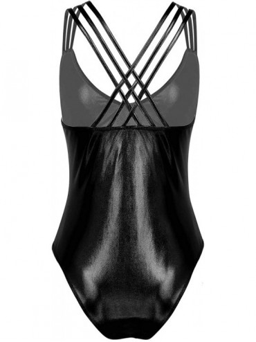 One-Pieces Women's One Piece Shiny Metallic Multi-Straps Crossback Monokini Swimwear - Black - CC18T6YYQ6S $15.97
