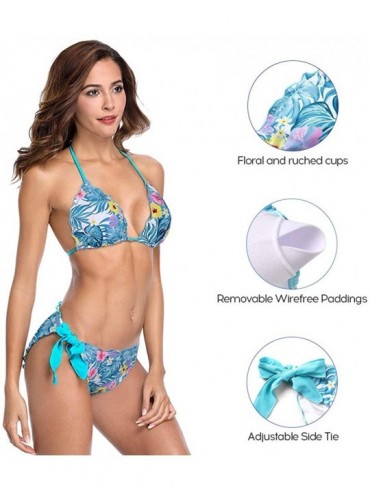 Sets Womens Halter Bikini Polk Dot Bikini Swimsuit Tie Side Bikini Padded Bikini Top - Floral/Blue - C9199U80OAH $24.21