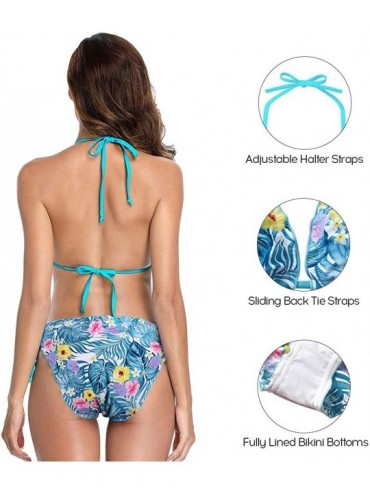 Sets Womens Halter Bikini Polk Dot Bikini Swimsuit Tie Side Bikini Padded Bikini Top - Floral/Blue - C9199U80OAH $24.21