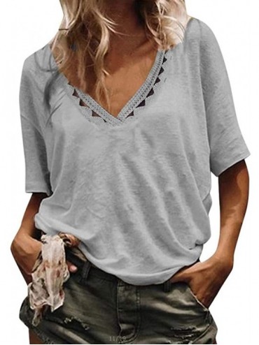 Cover-Ups Womens Summer Short Sleeve T Shirts V Neck Tunic Hollow Out Solid Tops Tees Loose Casual Workout Shirts - Gray - C0...