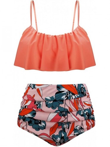 Racing Womens High Waisted Bikini Flounce Top Bathing Suits Swimwear - Orange+floral - C018LYRQ8YO $49.33