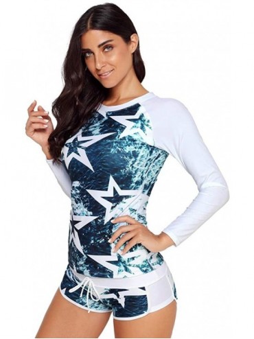 One-Pieces Women Long Sleeve Rash Guard Print Quick-Drying Surfing Swimwear Sport Two Piece Shorts Swimsuit for Teens - Blue ...