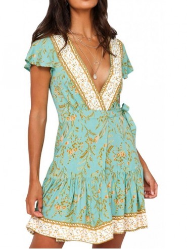Cover-Ups Women's Summer Wrap V Neck Bohemian Floral Print Ruffle Swing A Line Beach Mini Dress - Mint - CH198GZHL4O $51.21