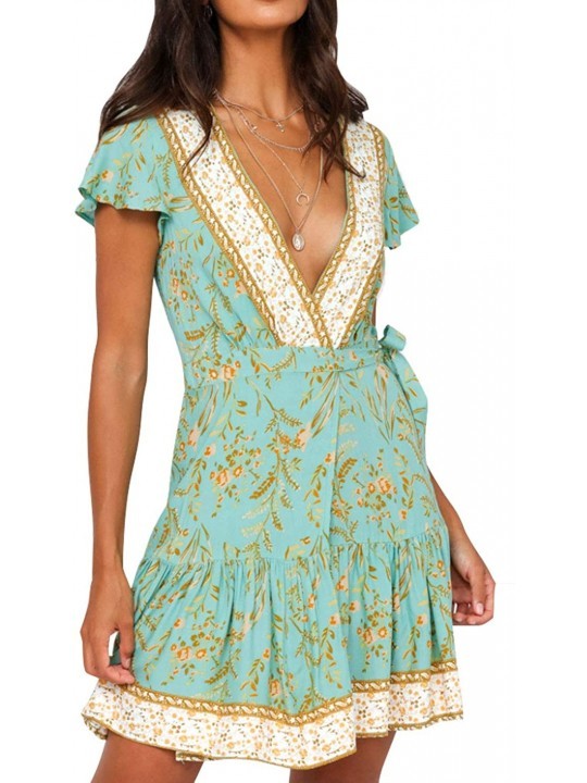Cover-Ups Women's Summer Wrap V Neck Bohemian Floral Print Ruffle Swing A Line Beach Mini Dress - Mint - CH198GZHL4O $20.21