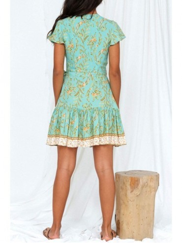 Cover-Ups Women's Summer Wrap V Neck Bohemian Floral Print Ruffle Swing A Line Beach Mini Dress - Mint - CH198GZHL4O $20.21