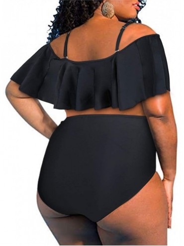 Sets Women's Plus Size Two Piece Swimsuit Flounce Off Shoulder Bikini High Waisted Bathing Suits - Black - CR18W65ZY86 $23.41