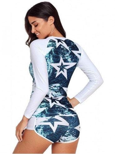 One-Pieces Women Long Sleeve Rash Guard Print Quick-Drying Surfing Swimwear Sport Two Piece Shorts Swimsuit for Teens - Blue ...