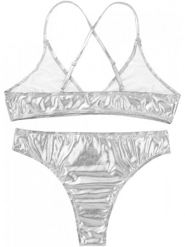 Sets Women 2 Piece Triangle Bikini Set Sexy Shiny Metallic Push Up Swimsuit High Cut Beachwear - Silver - C318TUU2QTS $15.96