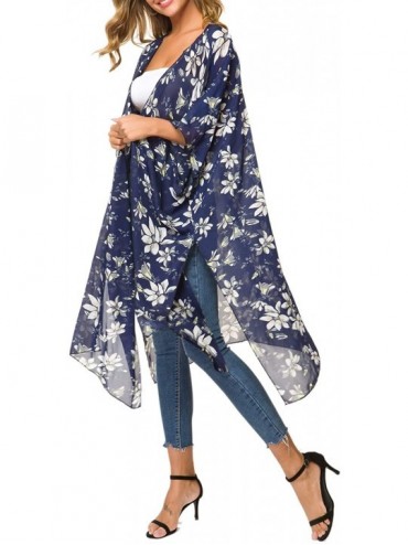 Cover-Ups Women Floral Flowy Kimono Cardigan Long Bikini Beach Cover Up Loose Tops - Royal Blue - CC18W6E7ECK $8.39