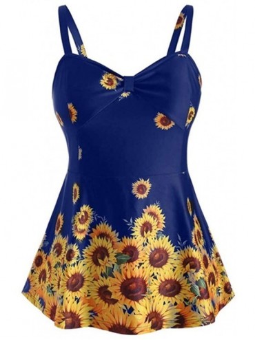 Sets Women Plus Size Ladies Sunflower Printed Slimming Wave-Edged Split Swimming Top - A Blue - CX18SW7HQX5 $37.45