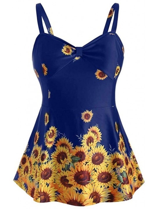 Sets Women Plus Size Ladies Sunflower Printed Slimming Wave-Edged Split Swimming Top - A Blue - CX18SW7HQX5 $17.44