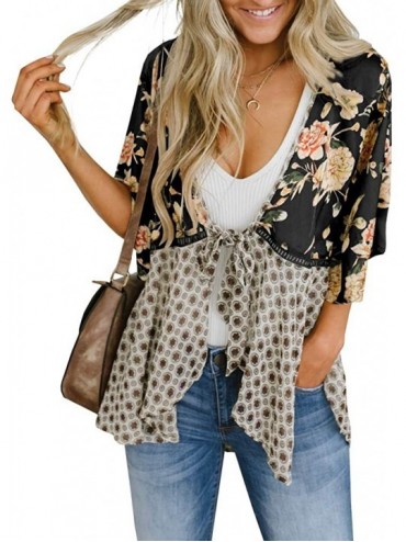 Cover-Ups Women Floral Kimono Cardigans 3/4 Ruffle Sleeve Lightweight Patchwork Flowy Boho Tie Loose Cover Ups - Black - CF19...