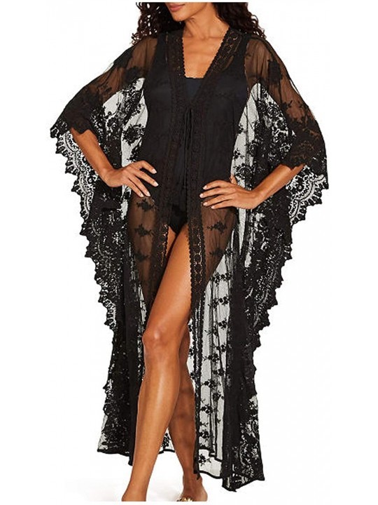 Cover-Ups Womens Bikini Cover Ups Beach Casual Dress Coverup Swimsuits Long Cardigan - Embroider Black 24 - CI194MM2Y3G $20.90