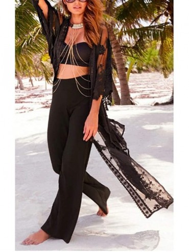 Cover-Ups Womens Bikini Cover Ups Beach Casual Dress Coverup Swimsuits Long Cardigan - Embroider Black 24 - CI194MM2Y3G $20.90