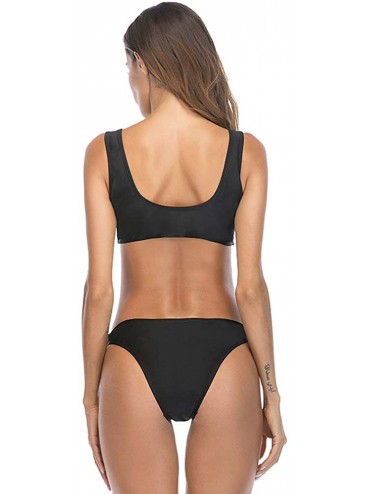 Sets Women Scoop Neck Zipper Front Padded Bikini Solid Color Two Piece Swimsuits - Black - CC193IU2U9K $16.34