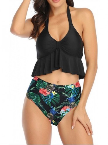 Tankinis High Waisted Bikini Swimsuits for Women Retro Ruffled Flounce Swimwear Two Piece Tankini Bathing Suits - C-black - C...