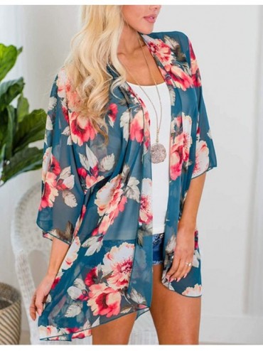 Cover-Ups Women Floral Print Kimono Sheer Chiffon Cardigan Half Sleeve Cover Up - Blue - CG18TQT82HH $12.71