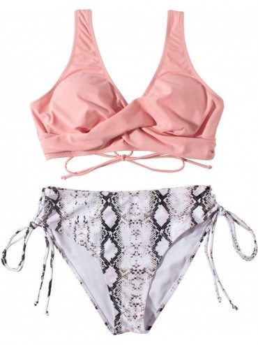 Sets Women Cute Criss Cross Bikini Top Lace Up Sexy Swimsuits Bathing Suits - 19-pink Snakeskin - C419CGW2TMG $22.83