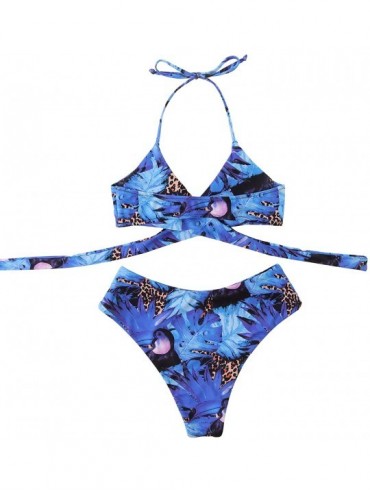 Sets Women Cross Halter Bandage Bikini Push Up Padded Two Piece Bathing Suits - Blue-2 - C01920GOD85 $26.13