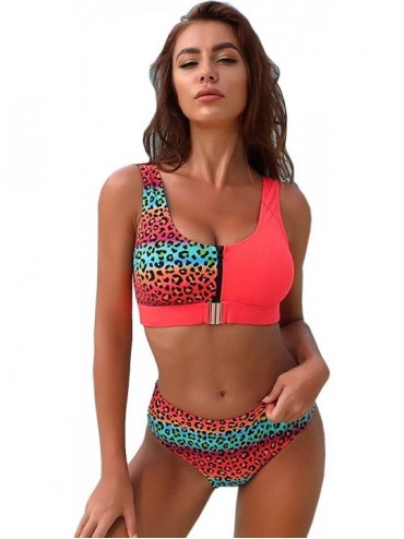 Sets Women's Summer Leopard Buckle Front Bikini Beach Top with High Waist Two Pieces wim Cheeky Bathing Suit - Aorange - CQ19...