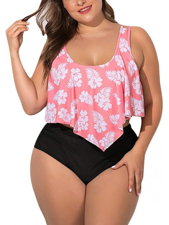 Tankinis Women's Plus Size Ruffled Flounce Bikini Top Two Piece Print Swimsuit Bathing Suit - 01-pink - CI190HUH6OA $49.49