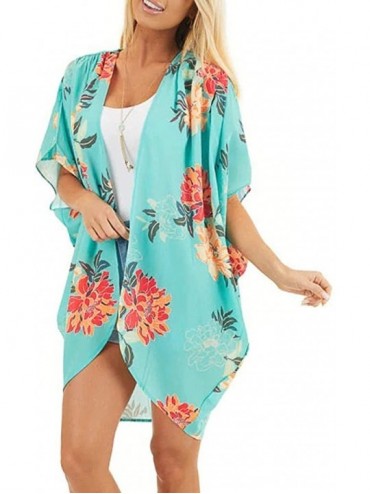 Cover-Ups Floral Print Puff Sleeve Kimono Cardigan Loose Chiffon Beach Cover-Up Casual Blouse Tops - Green - CX19CM29OR6 $22.74