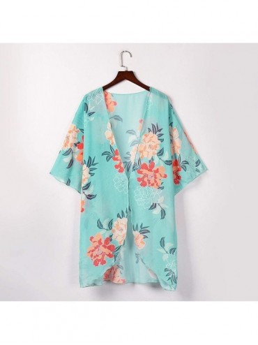 Cover-Ups Floral Print Puff Sleeve Kimono Cardigan Loose Chiffon Beach Cover-Up Casual Blouse Tops - Green - CX19CM29OR6 $14.33