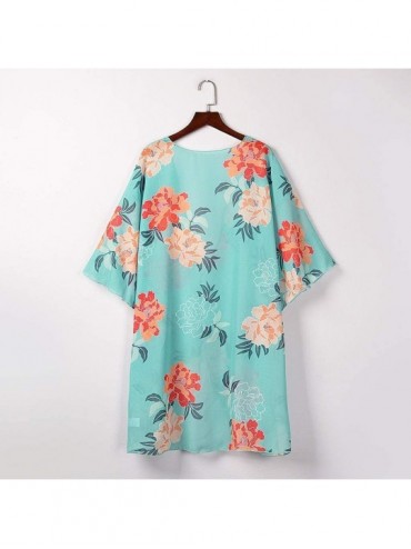 Cover-Ups Floral Print Puff Sleeve Kimono Cardigan Loose Chiffon Beach Cover-Up Casual Blouse Tops - Green - CX19CM29OR6 $14.33