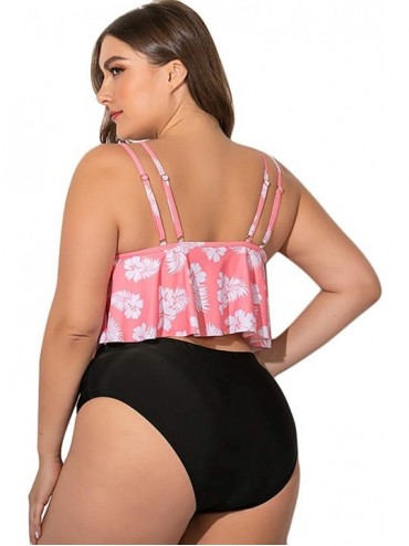 Tankinis Women's Plus Size Ruffled Flounce Bikini Top Two Piece Print Swimsuit Bathing Suit - 01-pink - CI190HUH6OA $49.49
