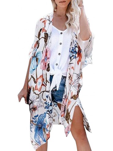 Cover-Ups Women Beach Shawl Leaves Print Chiffon Kimono Blouse Loose Top Outwear - Long Print Cardigan White - CM18UWASWGX $3...