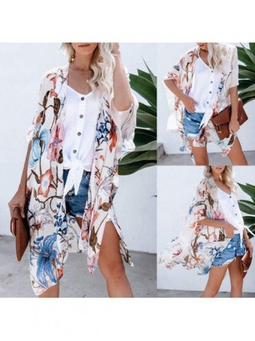 Cover-Ups Women Beach Shawl Leaves Print Chiffon Kimono Blouse Loose Top Outwear - Long Print Cardigan White - CM18UWASWGX $2...