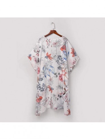 Cover-Ups Women Beach Shawl Leaves Print Chiffon Kimono Blouse Loose Top Outwear - Long Print Cardigan White - CM18UWASWGX $2...