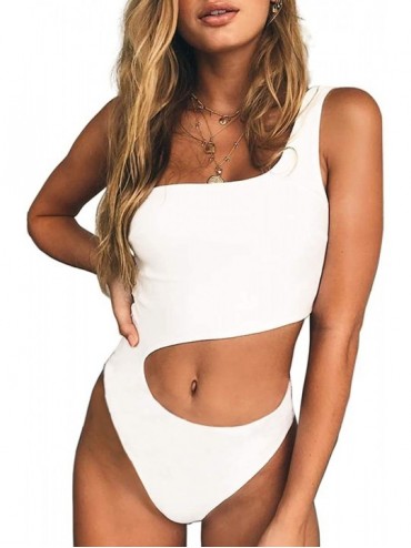 One-Pieces Women's One Piece Swimsuits One Shoulder Cut Out Monokini Bathing Suits - White - CB18RXHH6QO $42.91