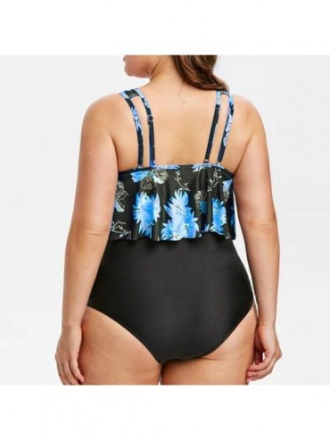 Tops Women Two Piece Swimsuit Plus Size Tankini Bikinis Printed Flounce Top High Waisted Bikini Bathing Suit - Blue - CZ195TT...
