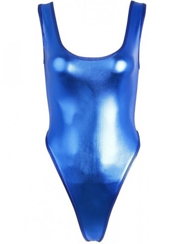 Racing Women's Wetlook Faux Leather Sleeveless High Cut Thong Leotard Bodysuit Swimsuit - Blue - CR1935YYUM3 $15.50