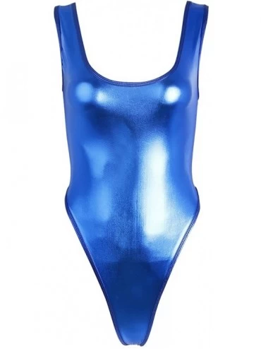 Racing Women's Wetlook Faux Leather Sleeveless High Cut Thong Leotard Bodysuit Swimsuit - Blue - CR1935YYUM3 $31.41