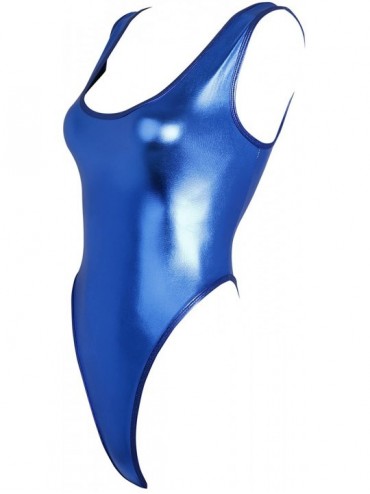Racing Women's Wetlook Faux Leather Sleeveless High Cut Thong Leotard Bodysuit Swimsuit - Blue - CR1935YYUM3 $15.50