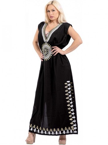 Cover-Ups Women's Long Caftan Swimsuit Cover Ups Night Casual Dress Embroidered - Halloween Black_y255 - C219ES6Z7LL $29.73