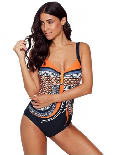 One-Pieces Women's Siamese Bikini Retro Printed Halter Bottom Swimwear One-Piece Swimsuit - Orange - CT18QZO8IM2 $14.55