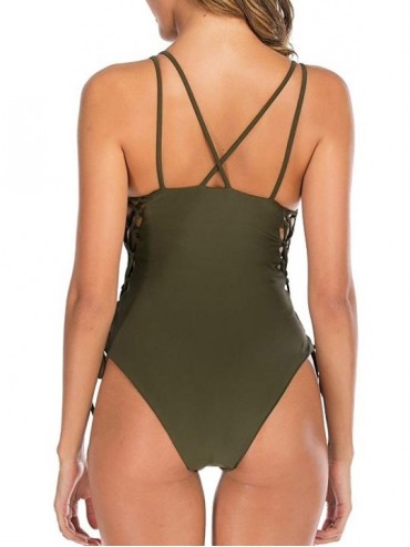 One-Pieces One Piece Swimsuit Women Lace Up Bathing Suits Slimming Monokini High Cut Sexy Swimwear - Olive - CB18S9MLEWX $27.81