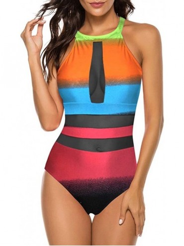 One-Pieces Womens One Piece Monokini High Neck Mesh Plunge Swimsuit Swimwear - Orange Colorblock - CW193Q2IA0O $46.29
