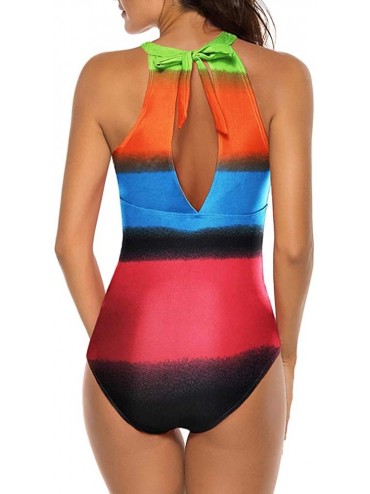 One-Pieces Womens One Piece Monokini High Neck Mesh Plunge Swimsuit Swimwear - Orange Colorblock - CW193Q2IA0O $21.90